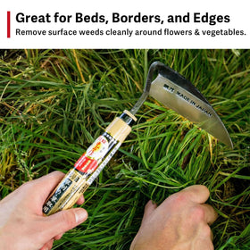 Honen wood-handle close-up highlights comfortable grip during gardening