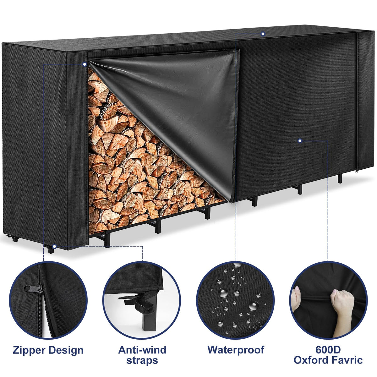 HONEST OUTFITTERS 8ft firewood rack cover zipper detail enables easy access