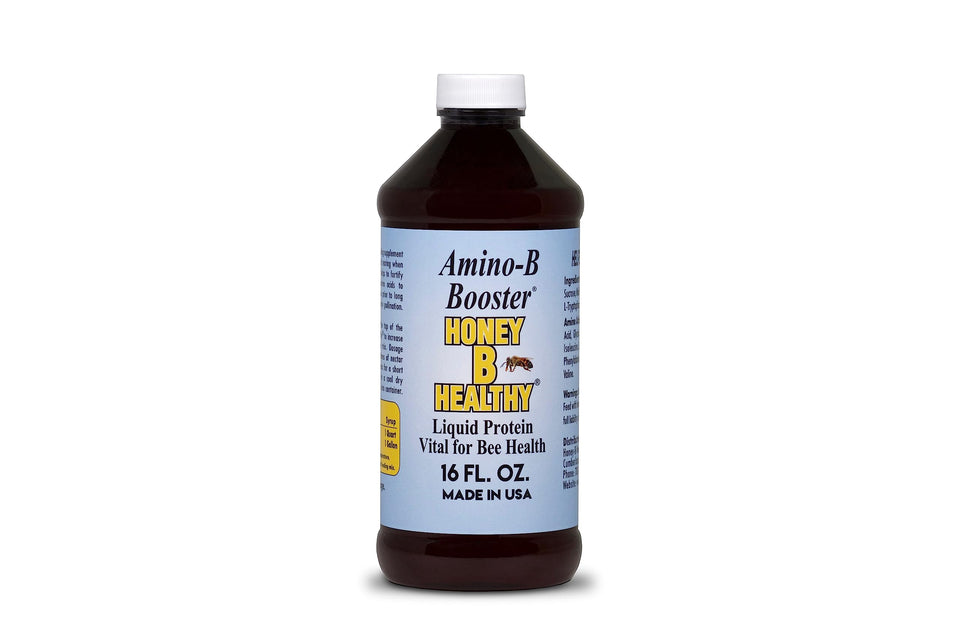 Honey B Healthy Amino-B Booster bottle front view, clear liquid for bee health