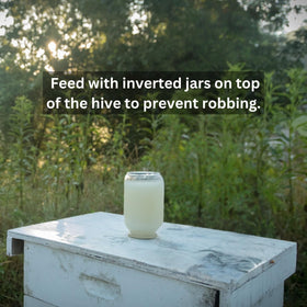 Drench method application of Honey B Healthy to calm bees and support weaker colonies
