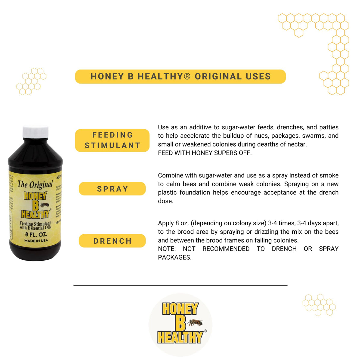 Honey B Healthy Original 8oz bottle in hive context conveys seasonal use during dearths.