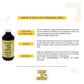 Honey B Healthy Original 8oz bottle in hive context conveys seasonal use during dearths.