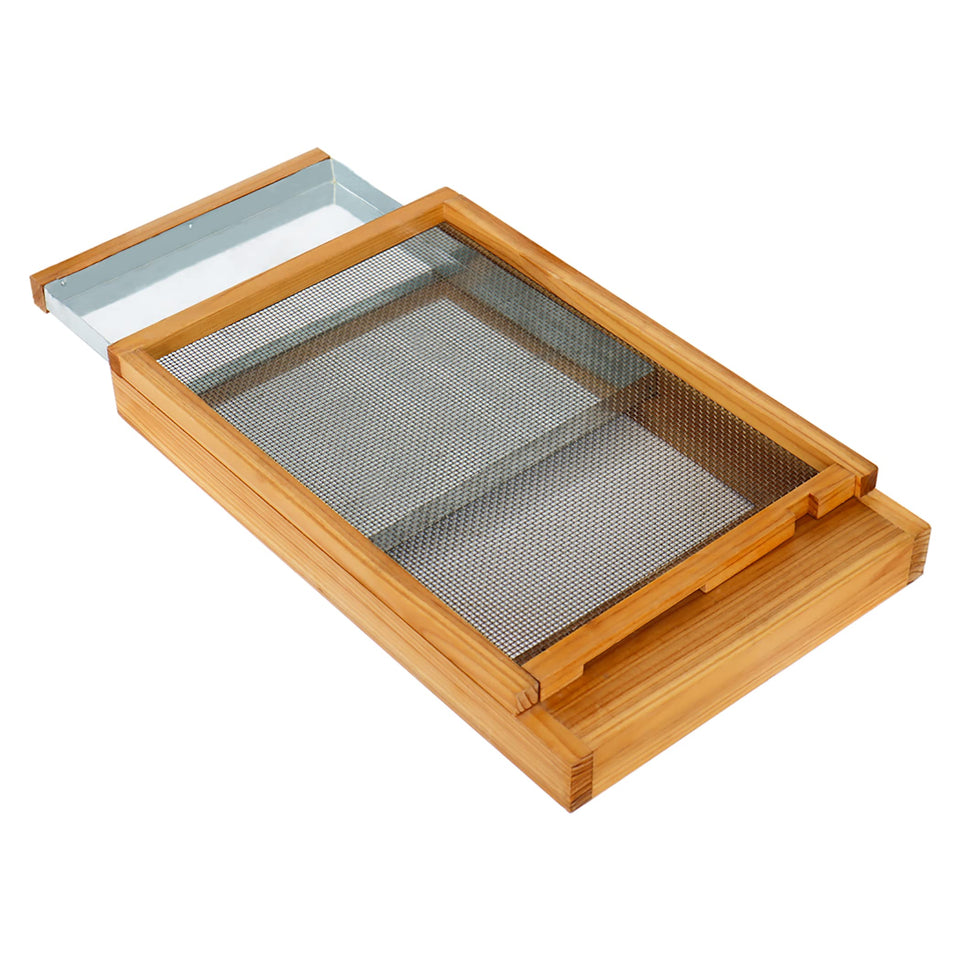 Honey Lake Langstroth bottom board with beeswax dip and cedar finish for weather durability.