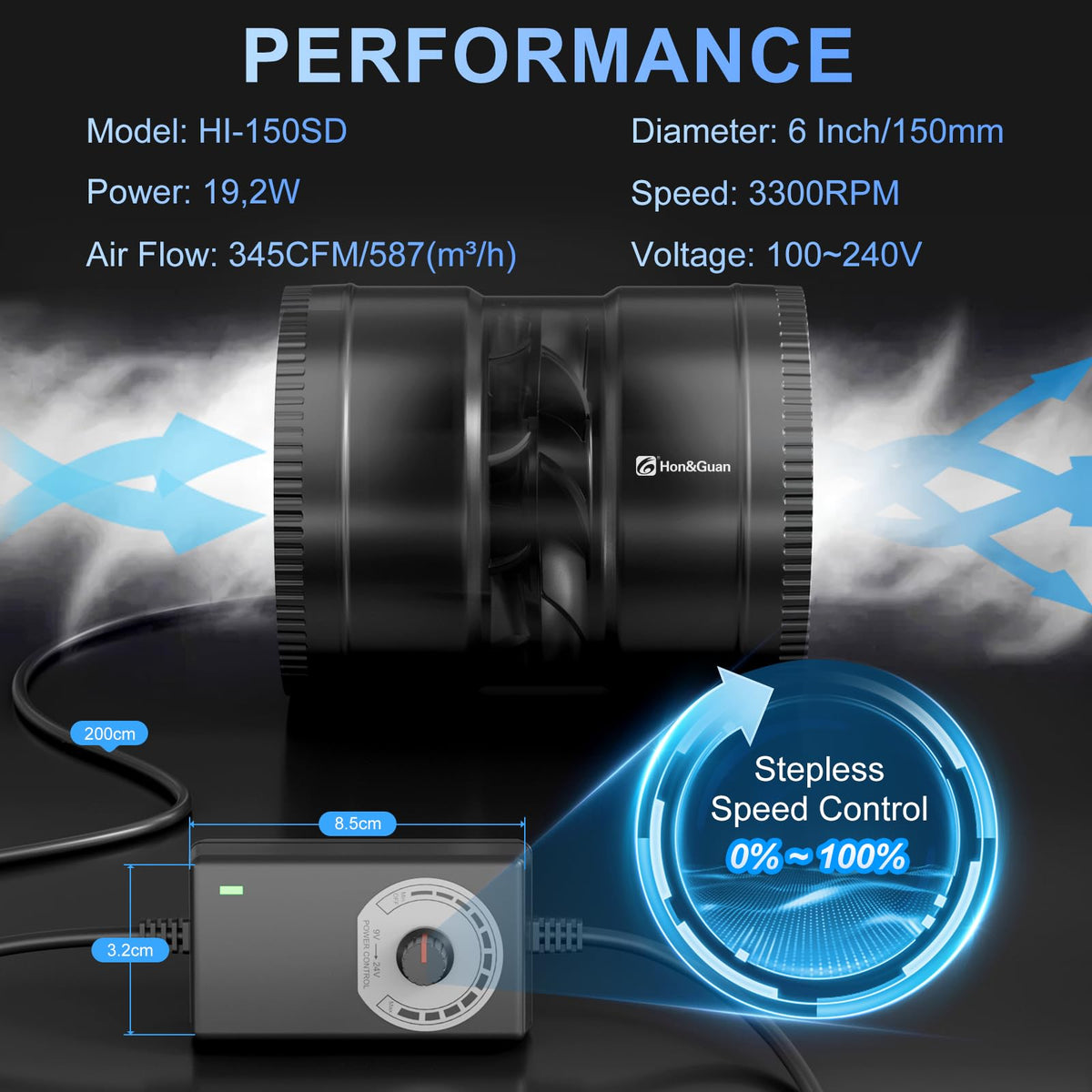 Hon&Guan inline fan suits bathrooms, kitchens, basements for improved airflow.