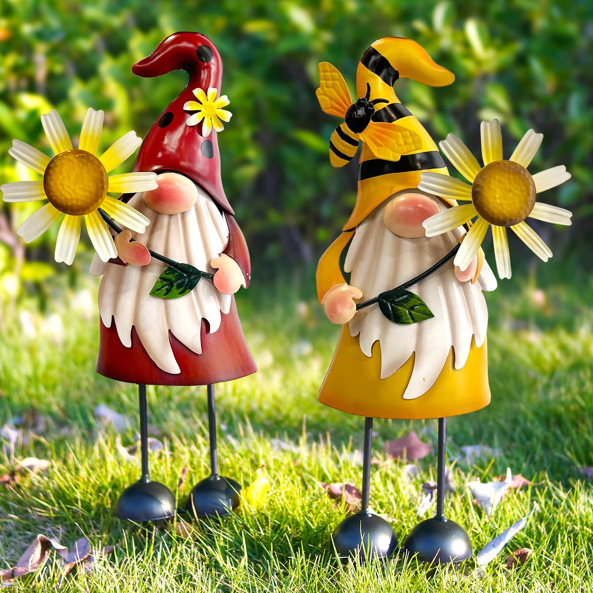 HONGLAND rust-proof metal gnomes for garden with sunflower accent