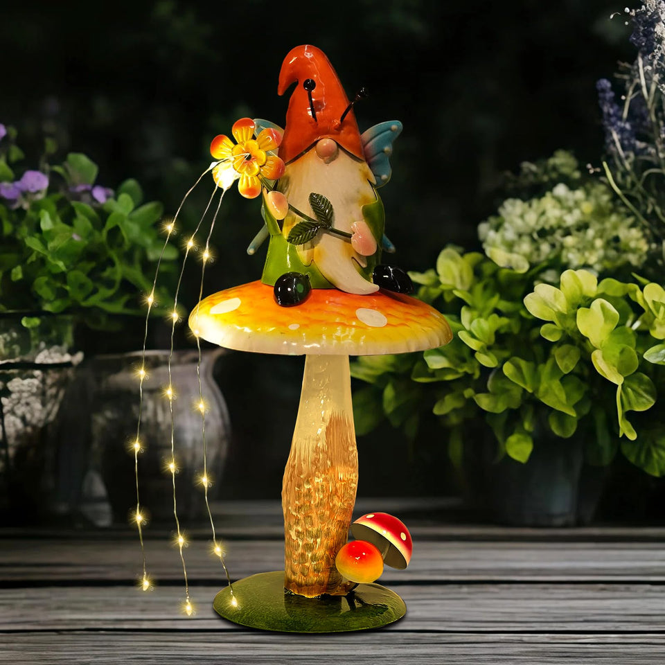 HONGLAND solar garden gnome on a colorful mushroom with illuminated flowers for magical outdoor ambiance.