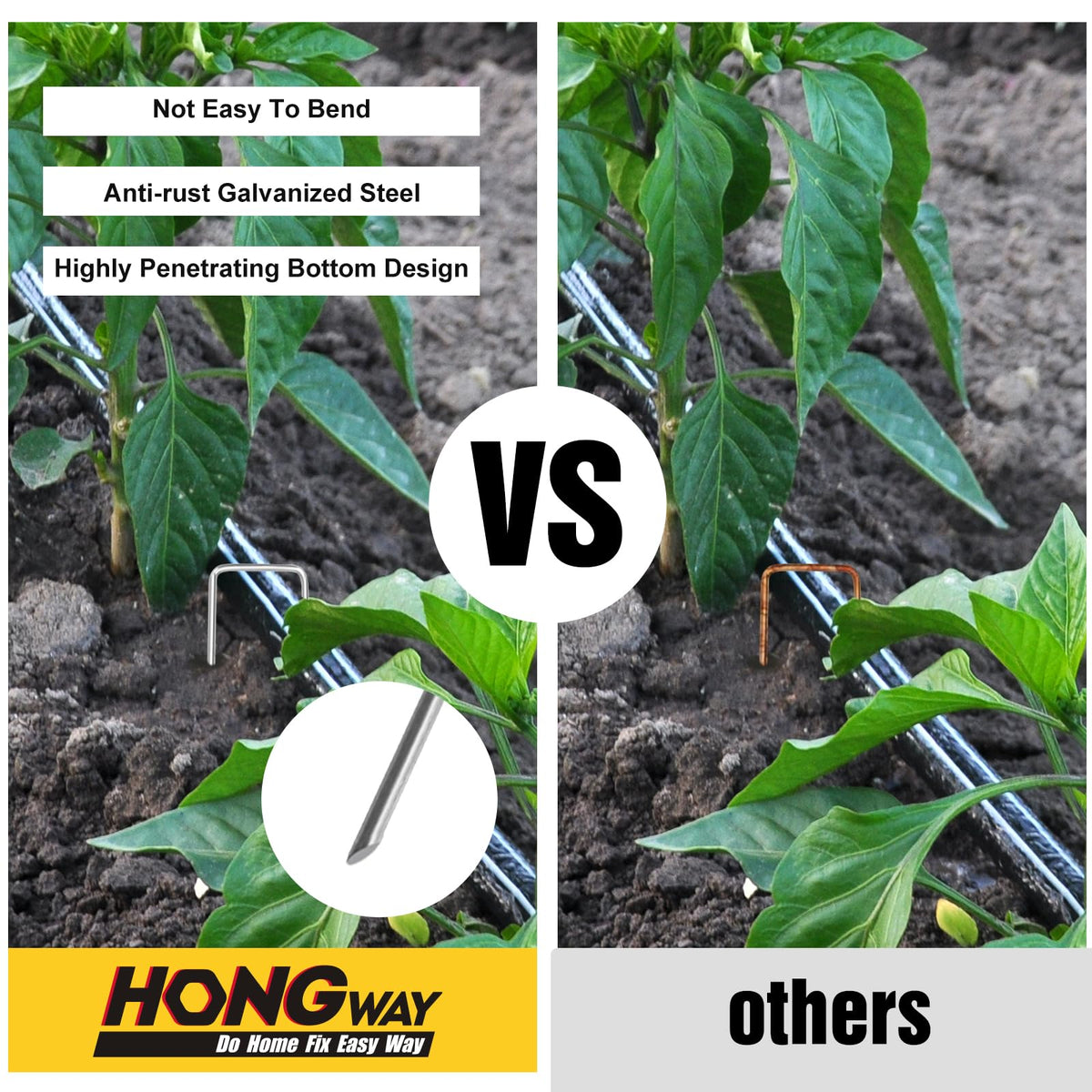 HongWay landscape pins holding down garden fabric for weed control.