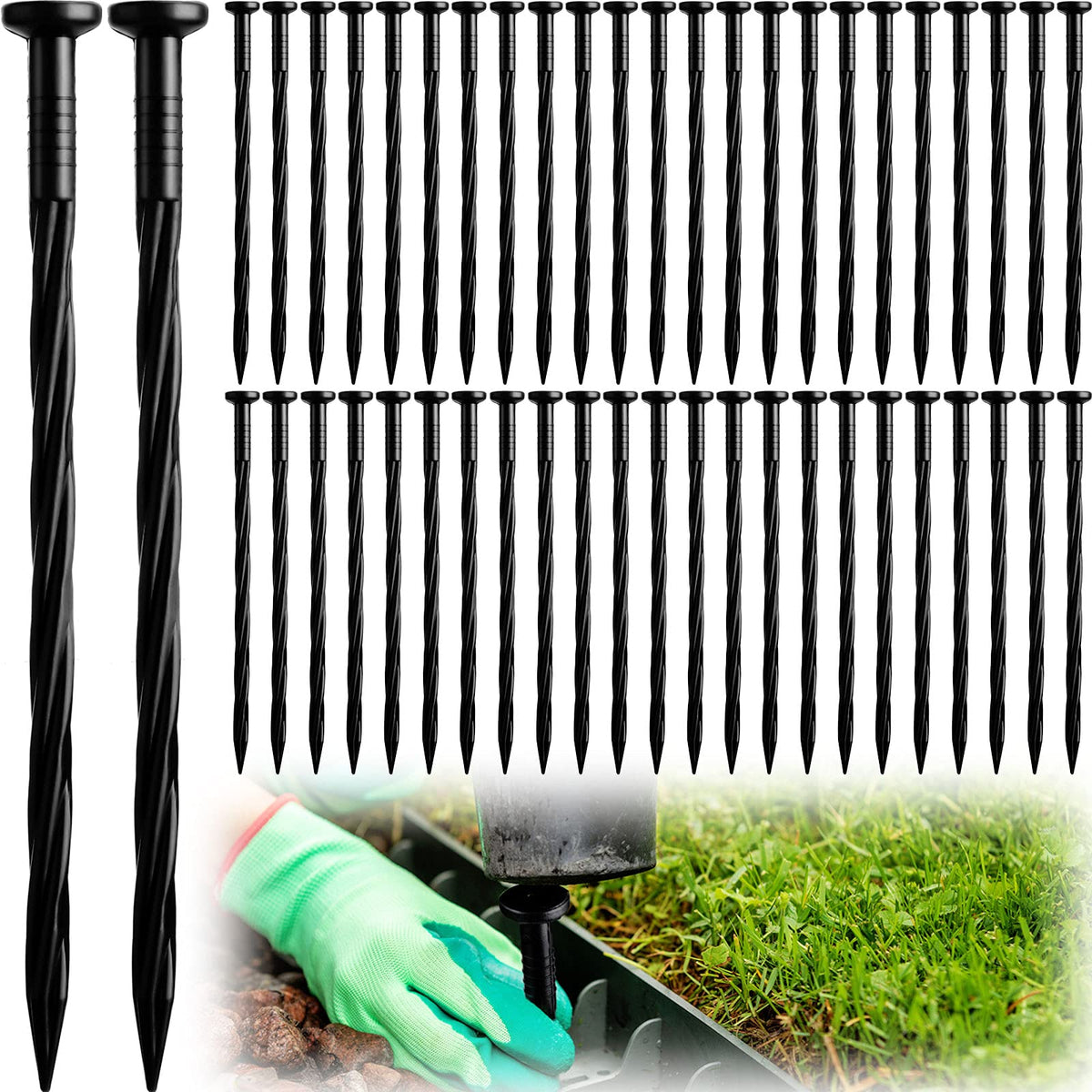 Honoson landscaping spikes 200-pack assembly demonstrates quick, secure stake setup for lawn edging.