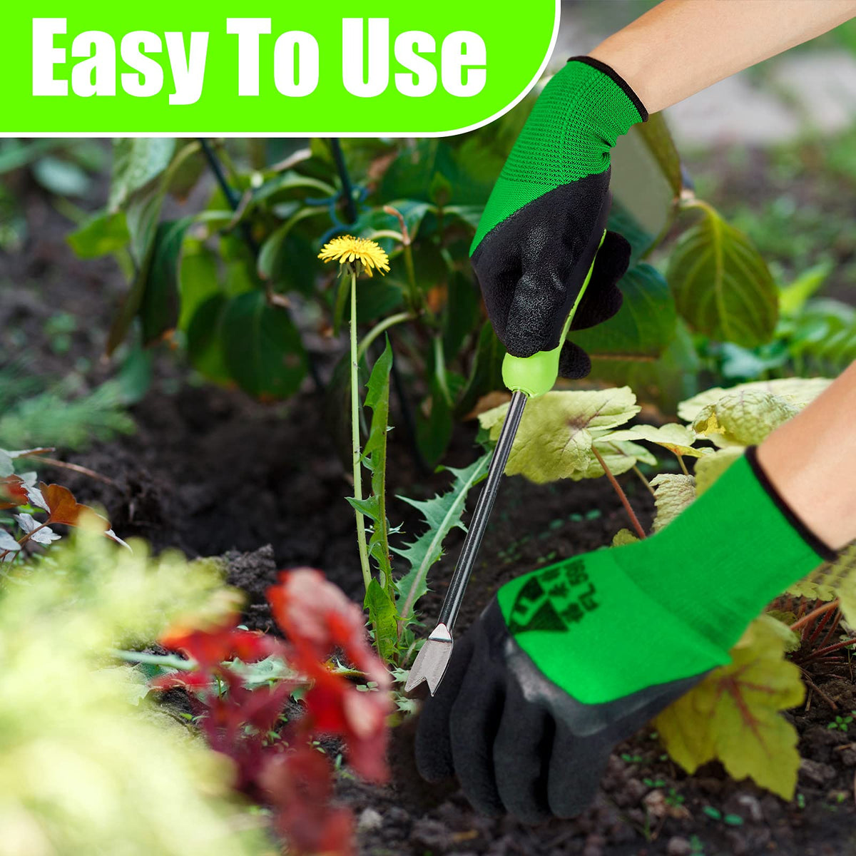 Honoson weed puller in action removing weeds in a garden bed