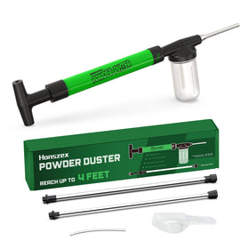 Honszex diatomaceous earth duster with extended reach shown dusting tall plants