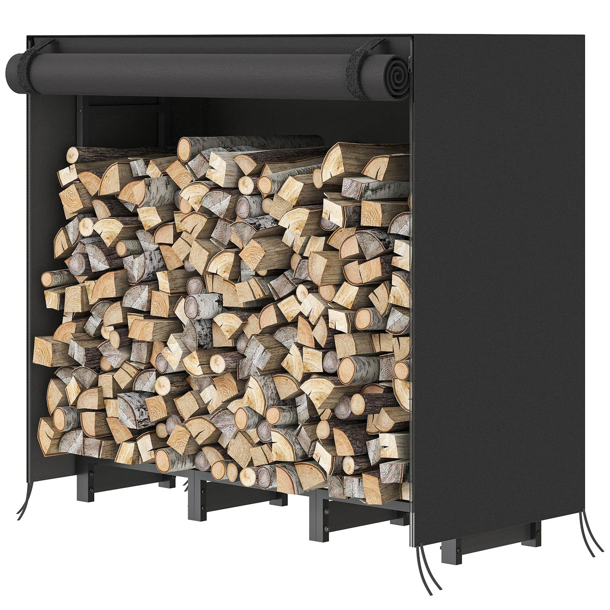 HOOBRO 4ft firewood rack with cover front view, spacious storage and weather protection.