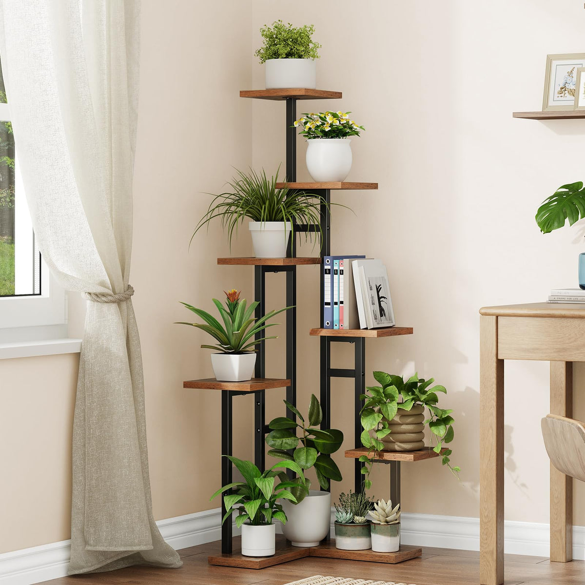HOOBRO flower stand in rustic brown and black complements decor