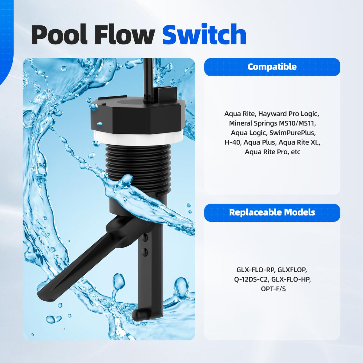 Hoodutric flow switch demonstrating compatibility with Hayward Aqua Rite systems.