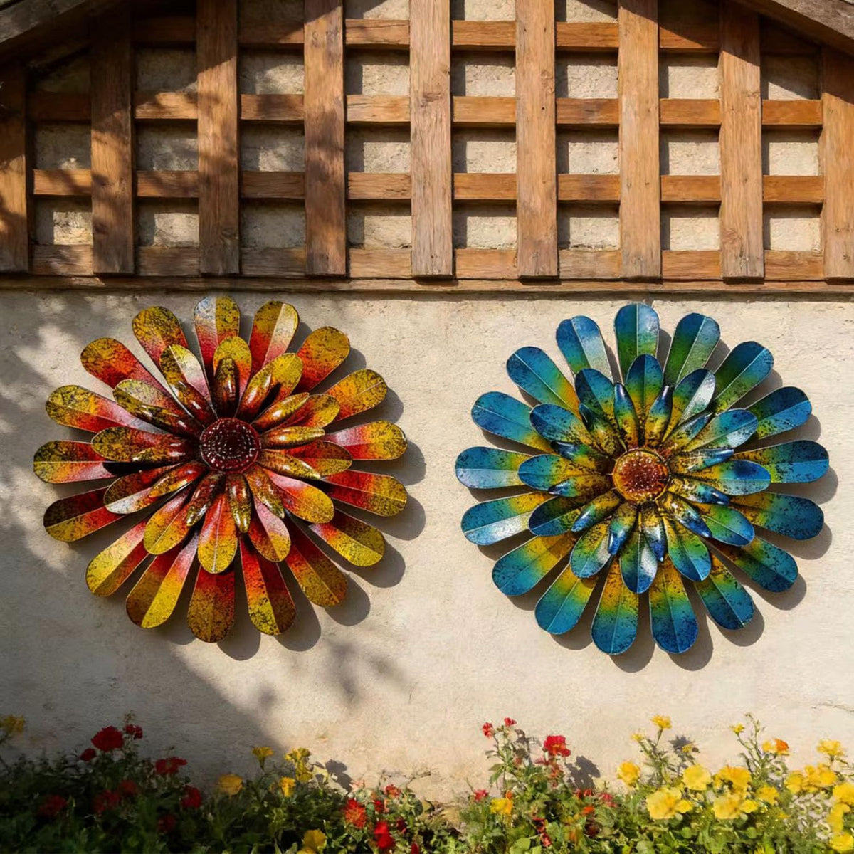 HOOEN metal flowers wall decor two-pack adds vibrant color to indoor or outdoor spaces.
