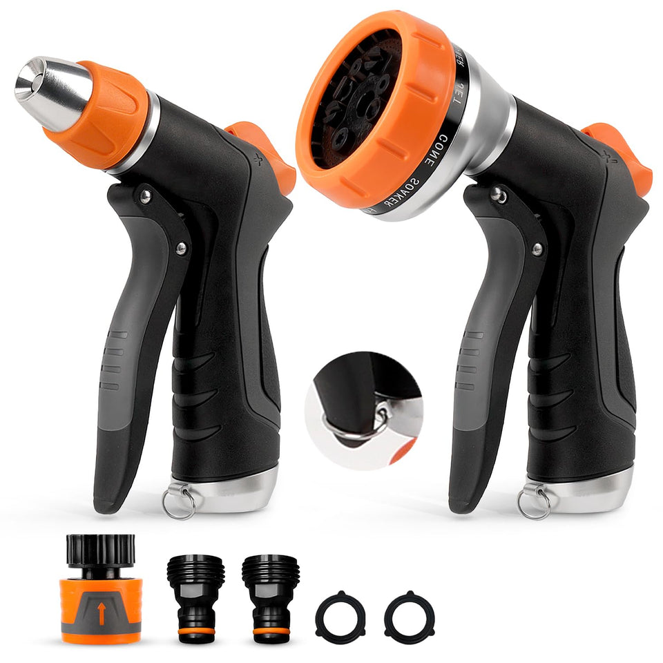 Hoofun 2-pack garden hose nozzle with ten patterns for versatile watering.