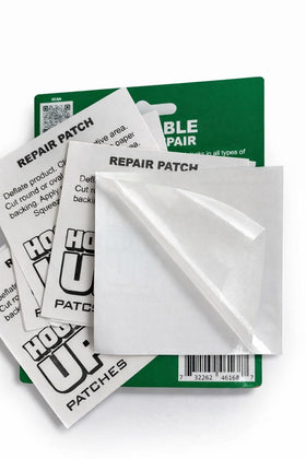 HOOK UP patch on an air mattress illustrating glue-free repair suitable for travel