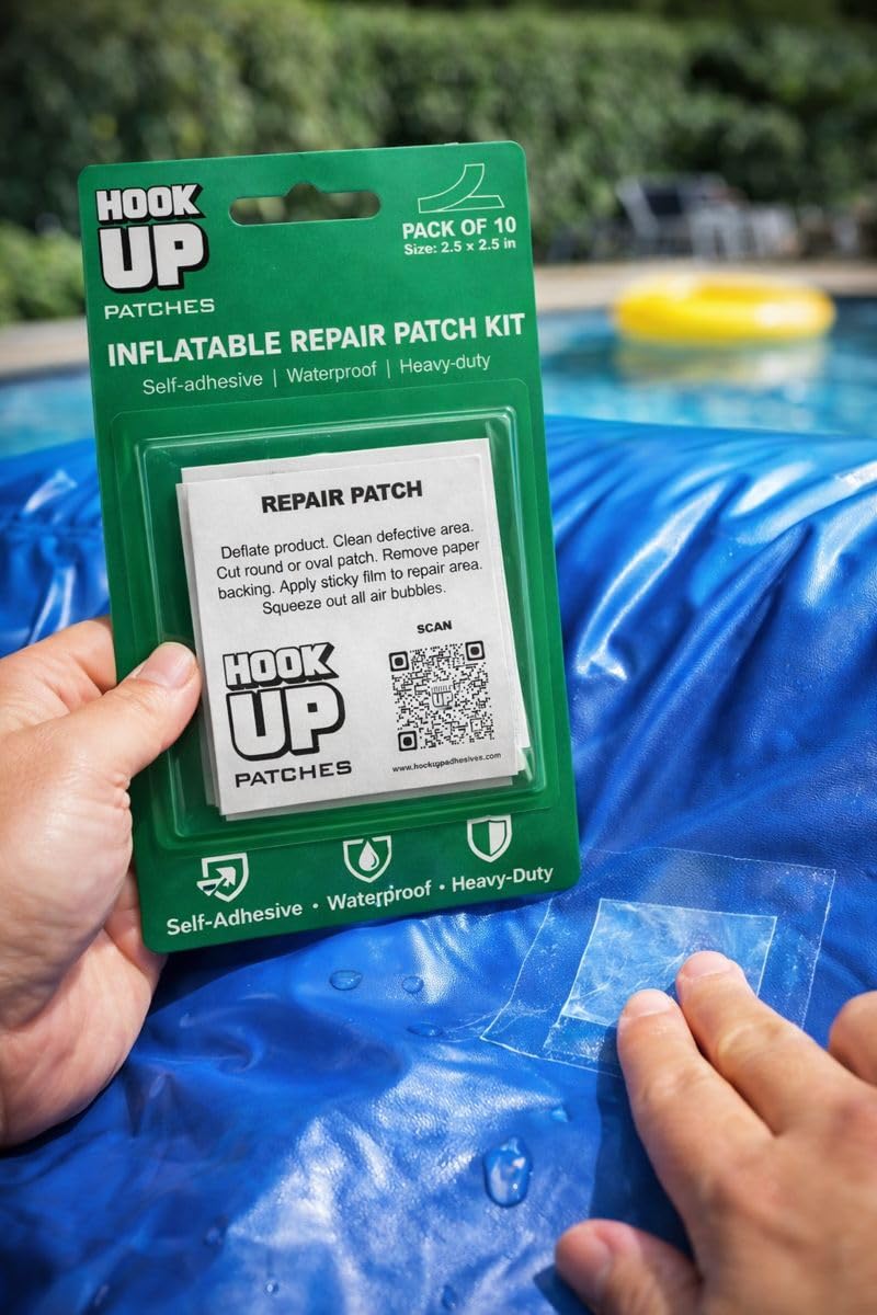 HOOK UP patch on an inflatable raft or lounger demonstrating a lasting bond