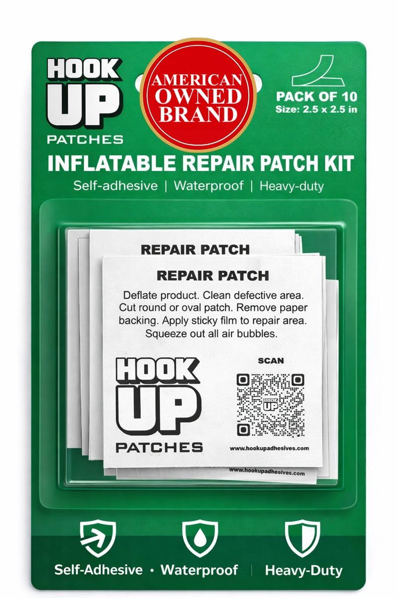 HOOK UP patch applied to a pool float showing a strong, waterproof repair for outdoor use