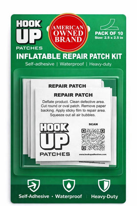HOOK UP patch applied to a pool float showing a strong, waterproof repair for outdoor use