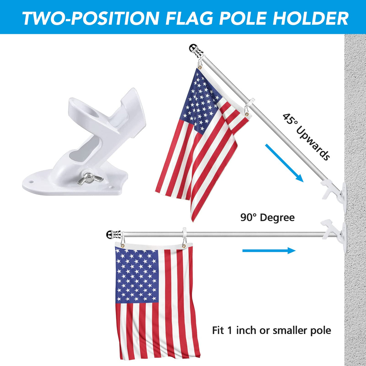 45-degree upward mounting option adds dramatic flag presentation from the front porch.