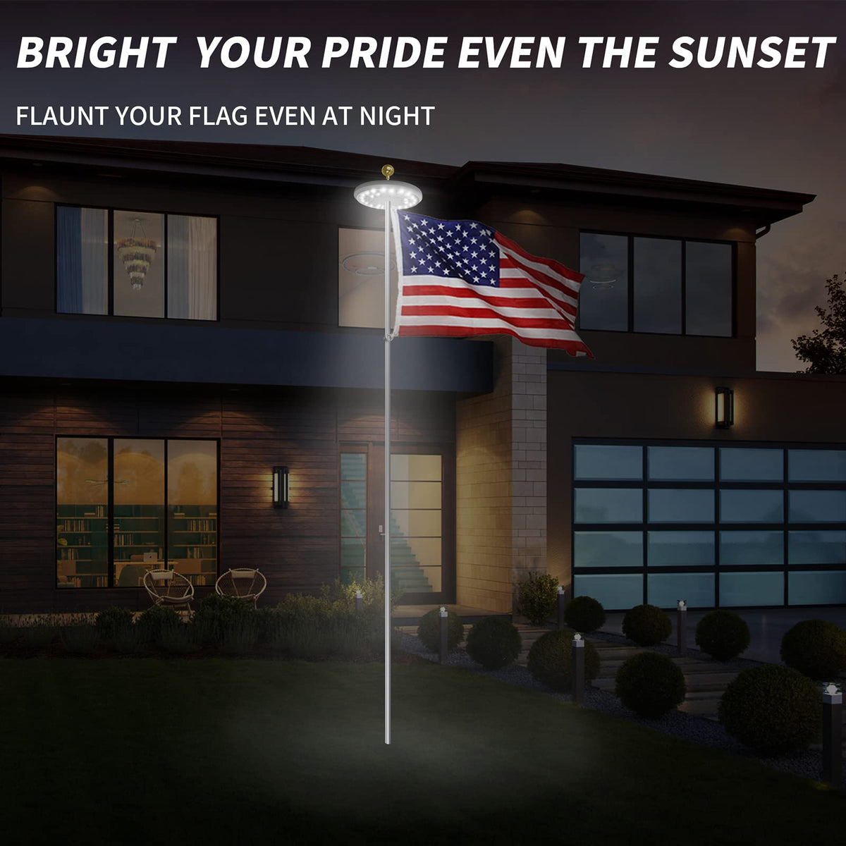 Flag area bathed in warm LED glow from HOOPLE solar light.