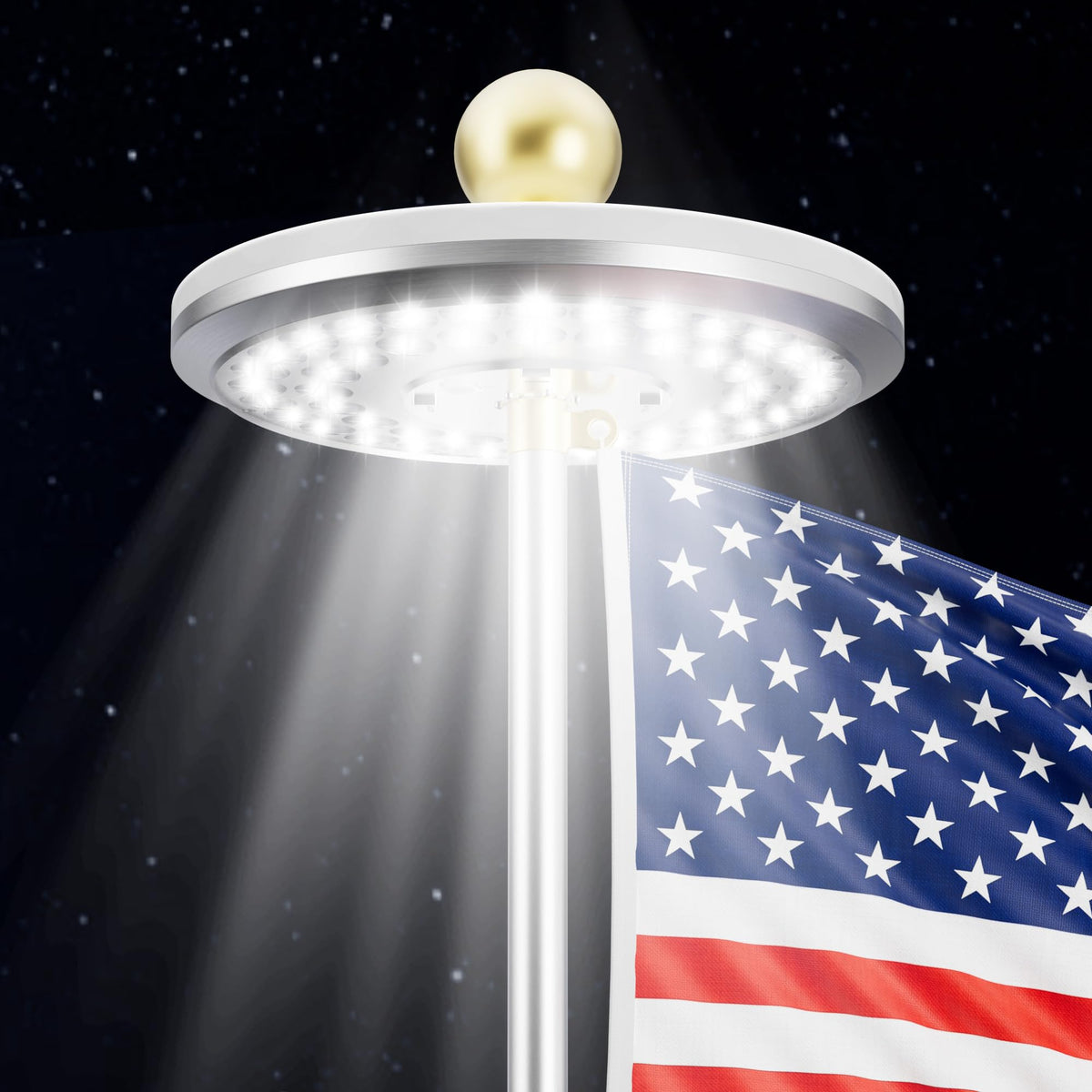 HOOPLE solar flag pole light illuminates a flag at dusk for clear visibility.