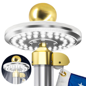 HOOPLE Solar Flagpole Light with multi-angle LEDs lighting a flag at night.