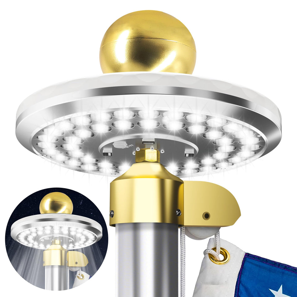 HOOPLE Solar Flagpole Light with multi-angle LEDs lighting a flag at night.