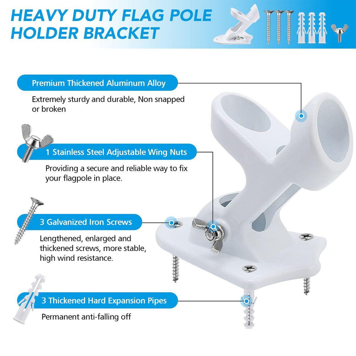 Stainless hardware and secure butterfly screws ensure strong grip for 1-inch flag poles.