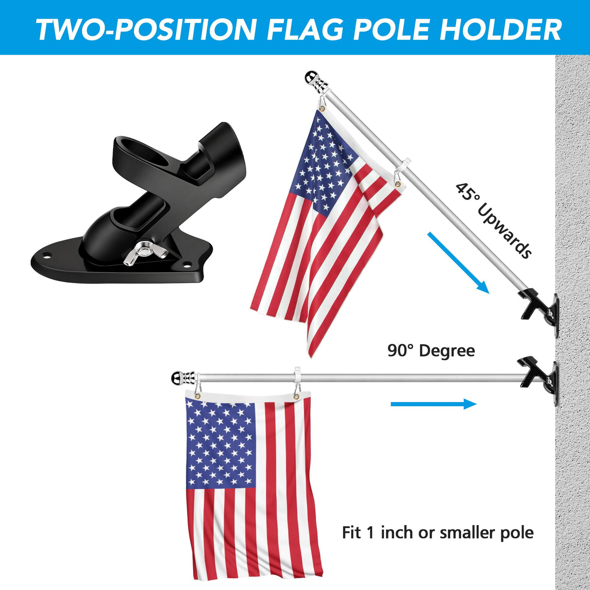 HOOPLE wall mount flag pole bracket securely fixes 1in poles to exterior walls