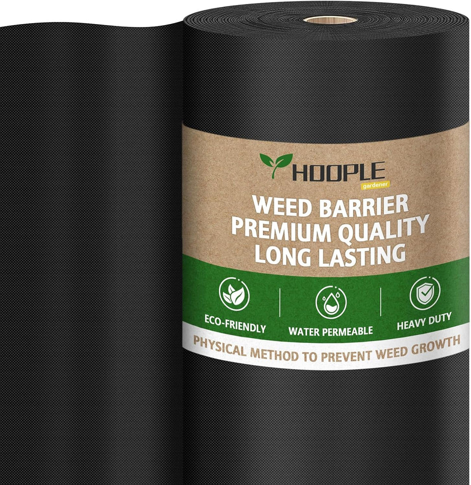 HOOPLE weed barrier fabric roll laid on soil for weed suppression and drainage.