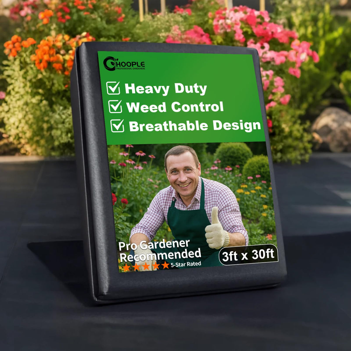 HOOPLE weed barrier roll in a garden bed, illustrating an easy cut-to-fit setup.