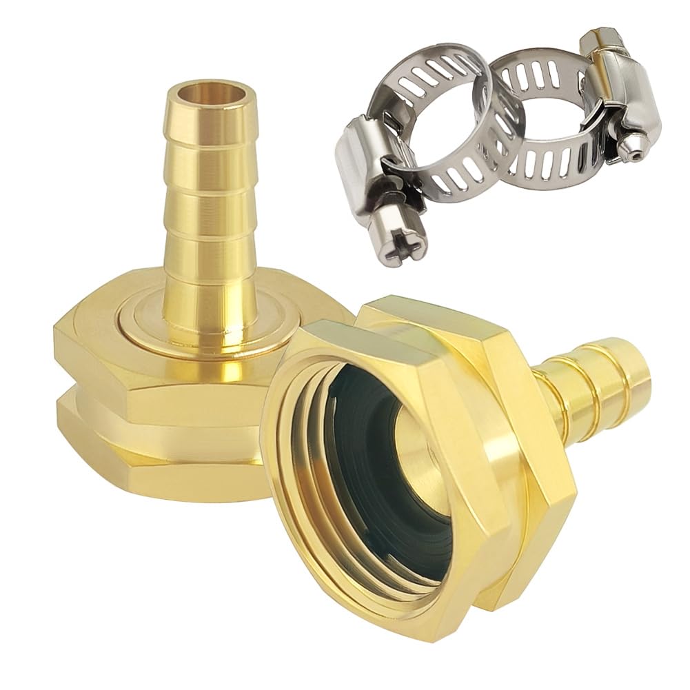 Hooshing 38-barb to 34-gtf female connector closeup highlights brass durability and tight seal.