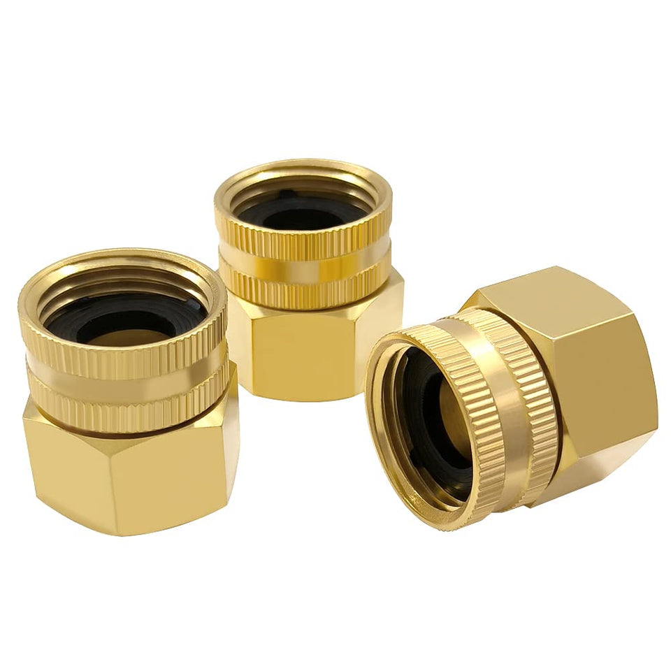 Hooshing brass double female connector for quick, tool-free hose joins.