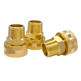 Hooshing brass garden hose swivel connector close-up with 3/4 GHT to 1/2 NPT threads for easy setup