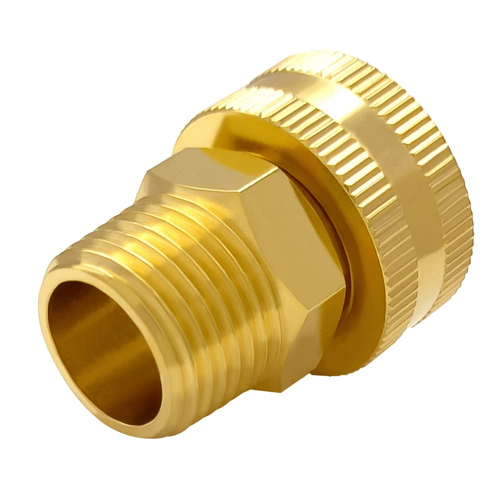 Hooshing brass swivel connector in use on a hose for leak-resistant connections