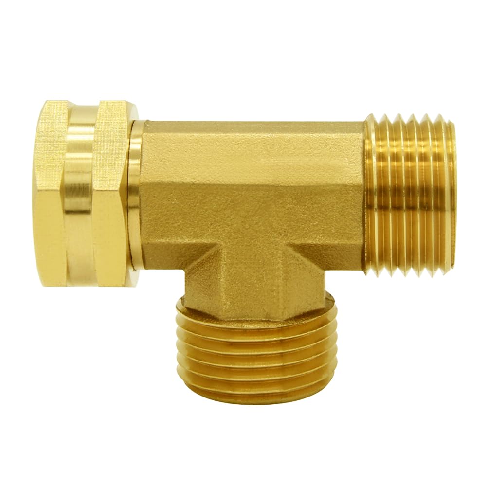 Hooshing brass tee adapter showing three-way connection for hoses and tools.