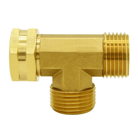 Hooshing brass tee adapter showing three-way connection for hoses and tools.