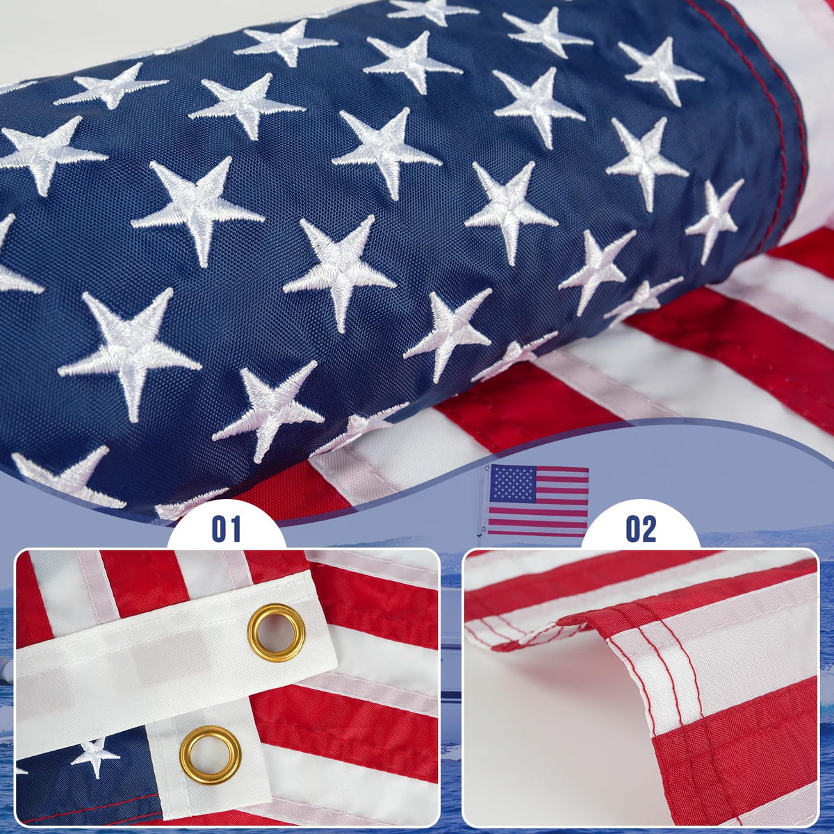 HOOSUN flag closeup with embroidered stars and durable stitching
