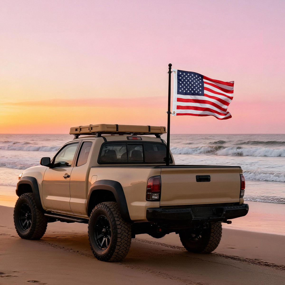 HOOSUN flag displayed on car window for quick patriotic flair