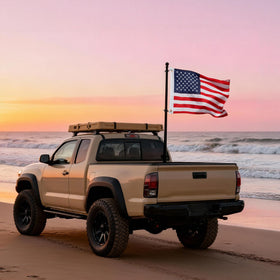 HOOSUN flag displayed on car window for quick patriotic flair