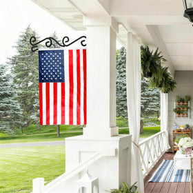 HOOSUN garden flag scroll hanger on a porch railing enabling easy flag swaps.