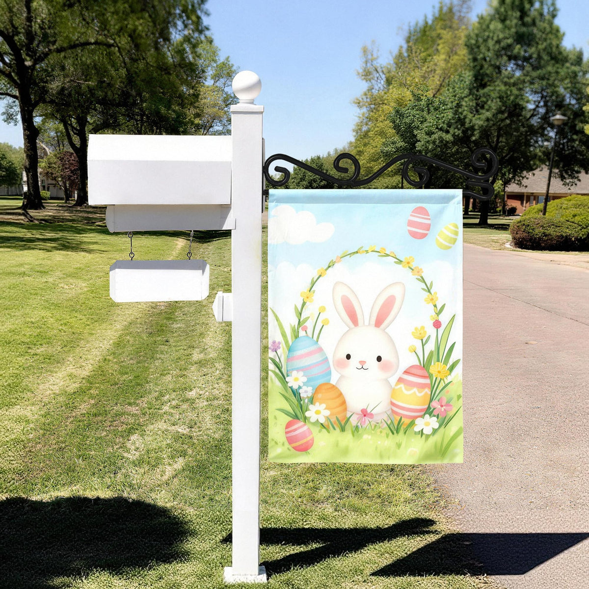 HOOSUN wall flag stand showcasing a banner along a fence post.