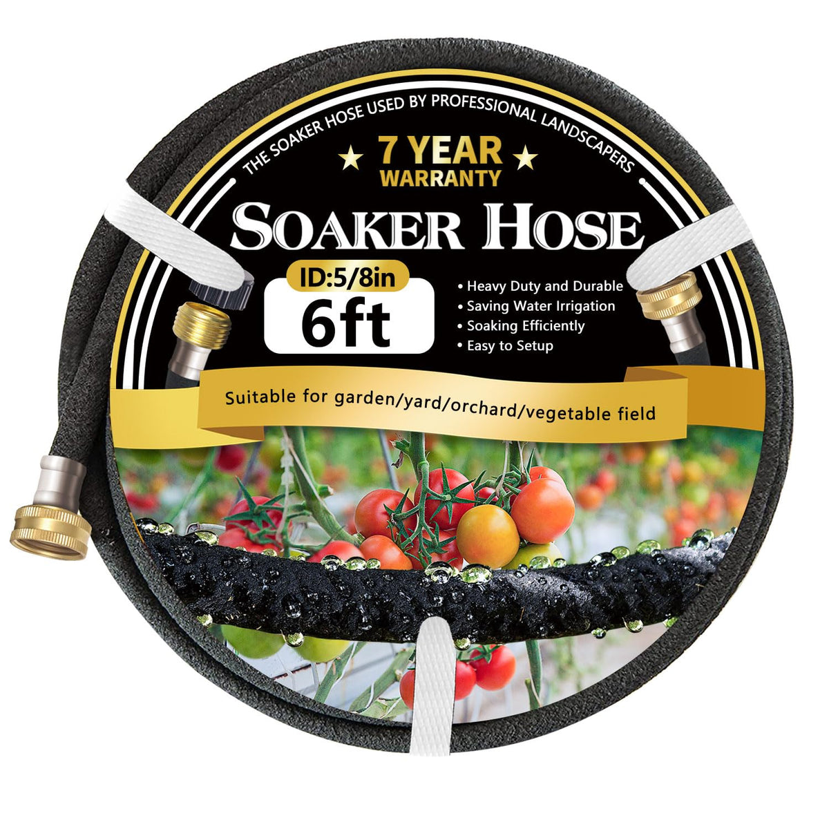 Hopegiver soaker hose with 6 ft length and brass connectors for durable irrigation.