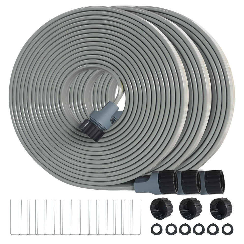 Hopegiver sprinkler soaker hose 50ft 3-pack cover for even lawn watering.