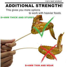 Hopelf 14-inch skewers with chamfered ends for clean pierce and minimal splinters.