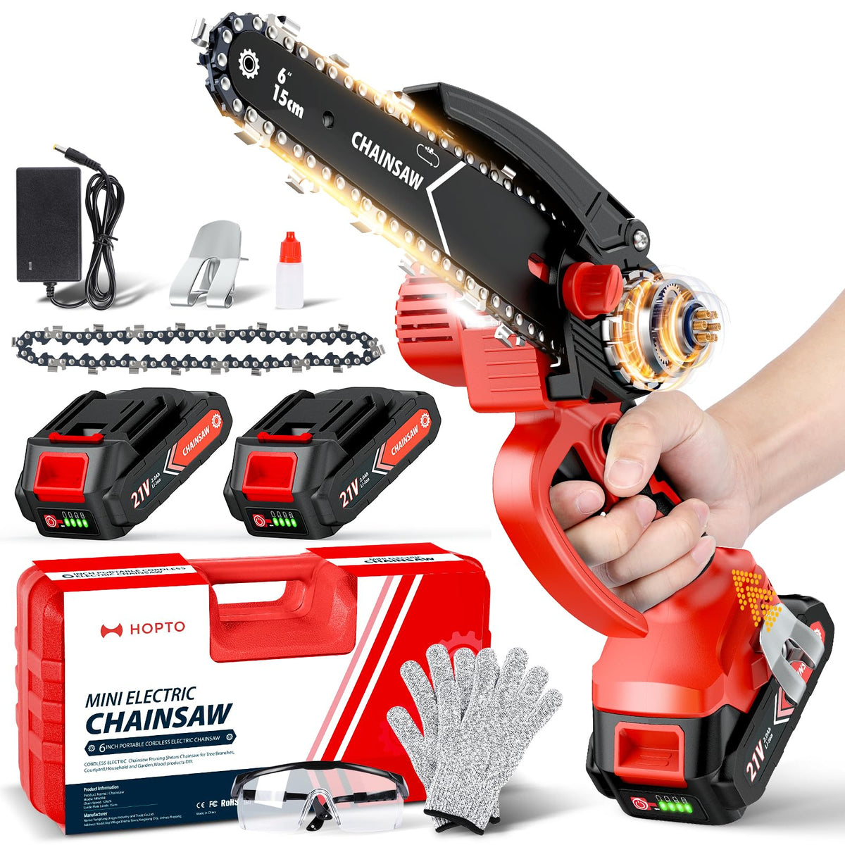HOPTO mini chainsaw 6-inch front view — compact, balanced for easy pruning.