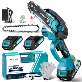 HOPTO Mini Chainsaw 6-Inch in action, one-handed use for simple pruning.