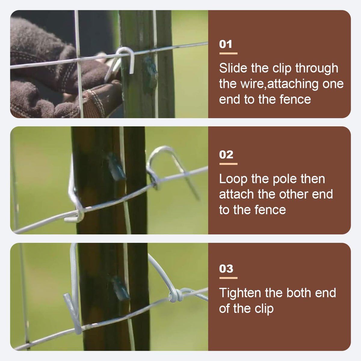 Hoqqf T-Post Clips packaging with 300-unit set, ideal for efficient fence builds