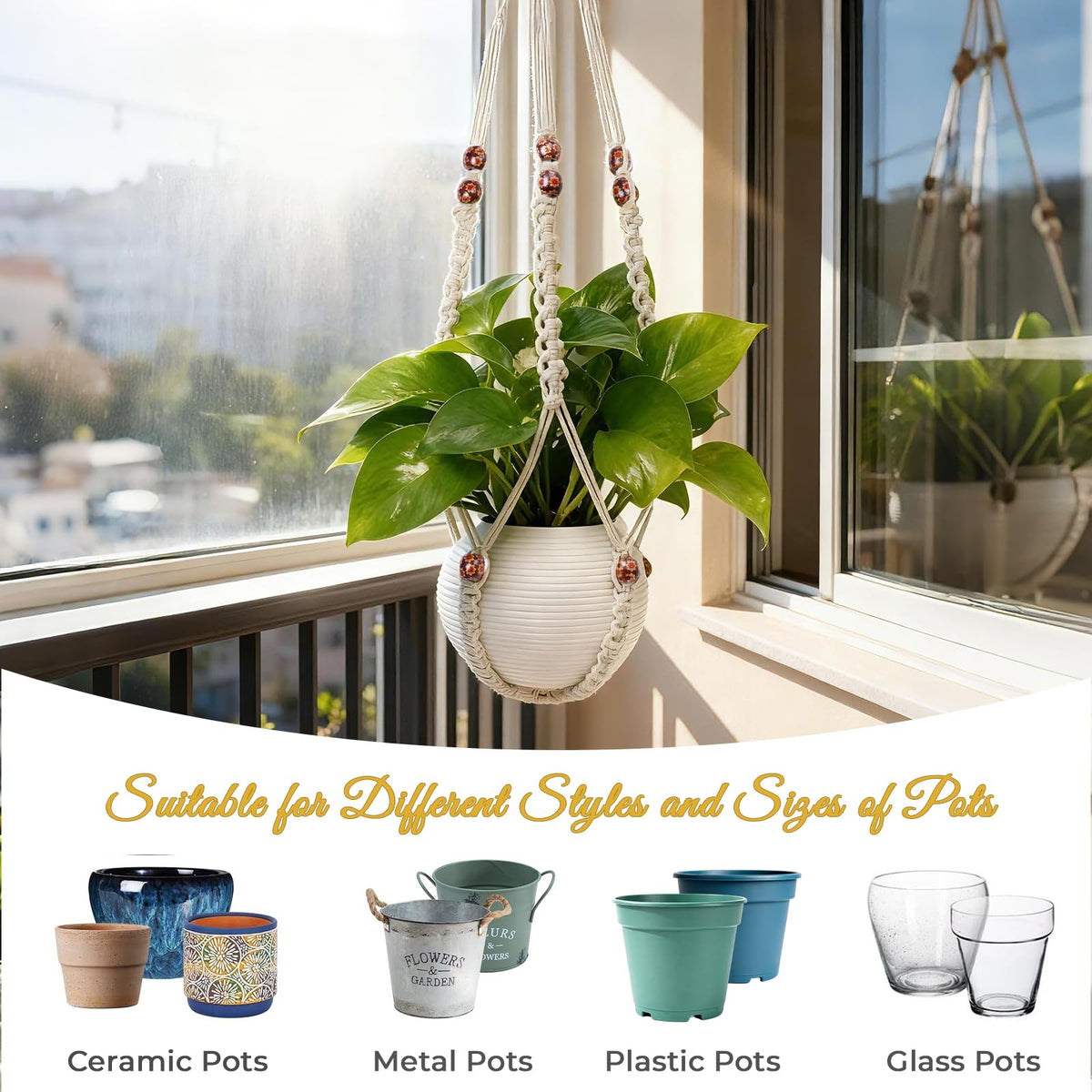 HOREAKHJ 20lb capacity macrame hanger supports diverse planter shapes.